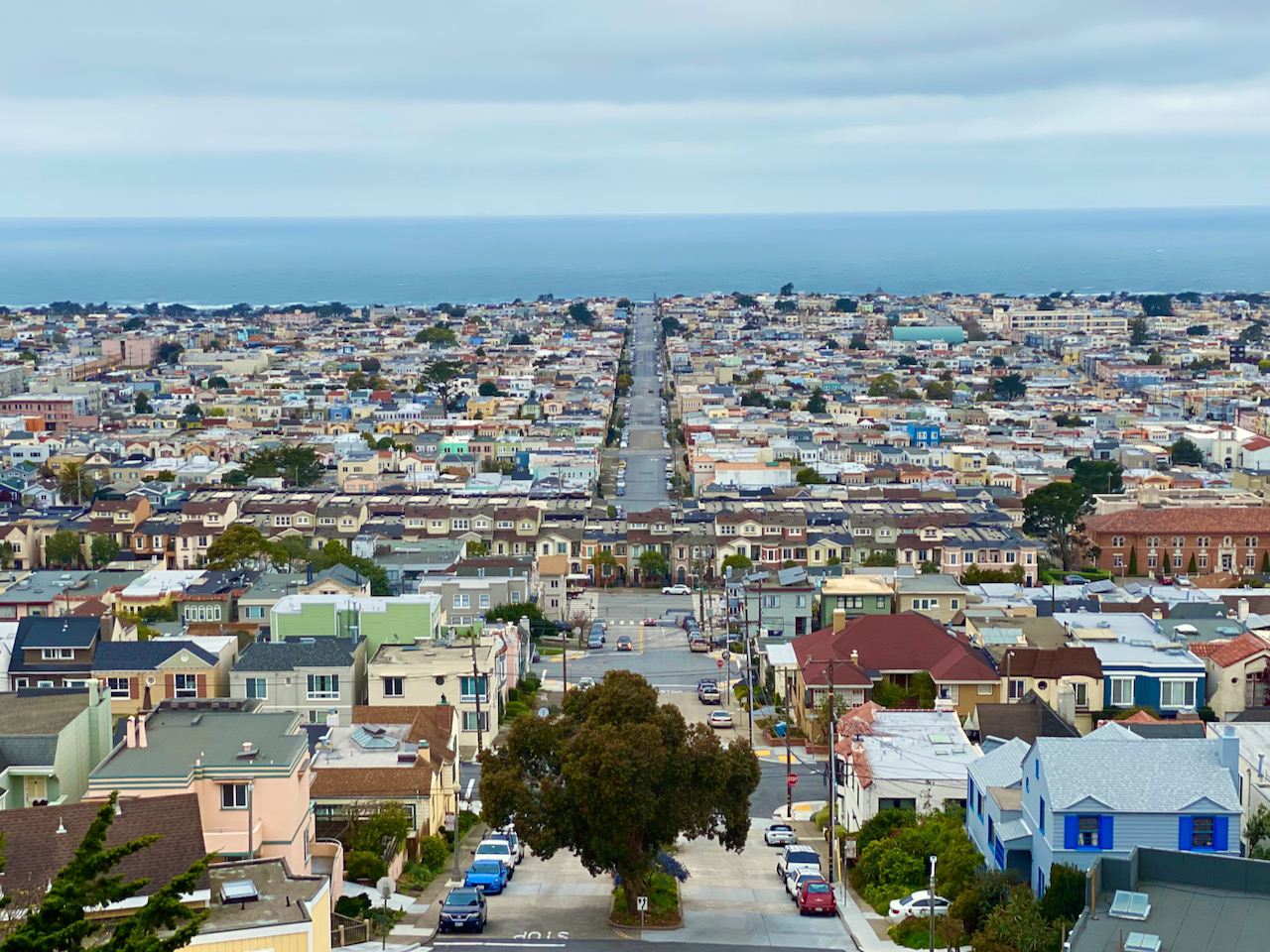 Colorful dense housing with ocean in the distance