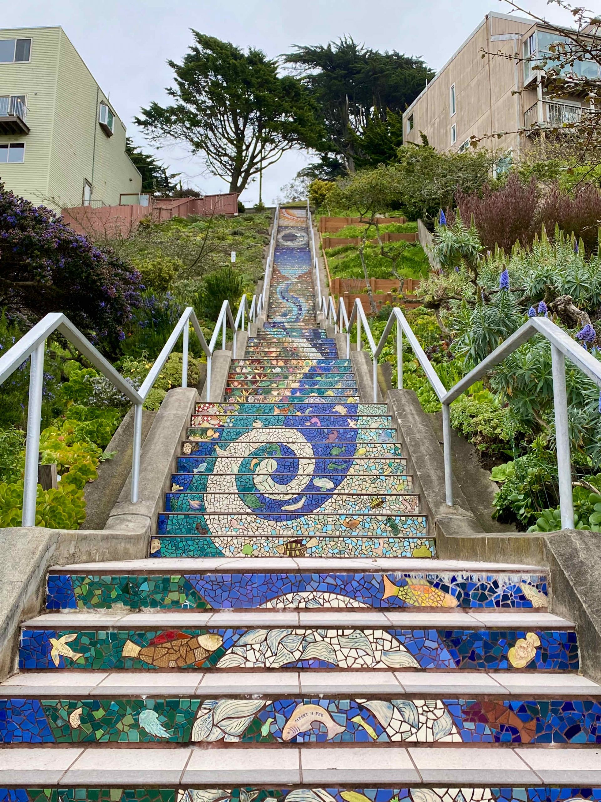 Staircase with colorful mosaic tiling bordered by gardens and apartments